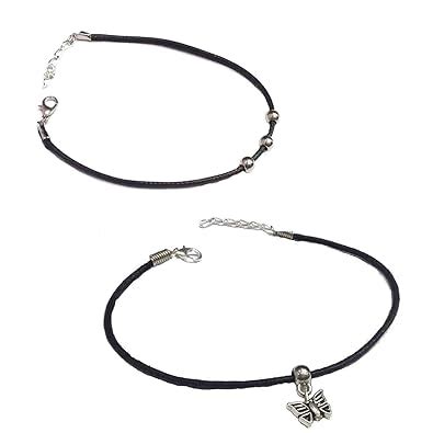 GURJARI JEWELLERS Black Thread Anklet with 3 Carving Oxidized Beads for ...