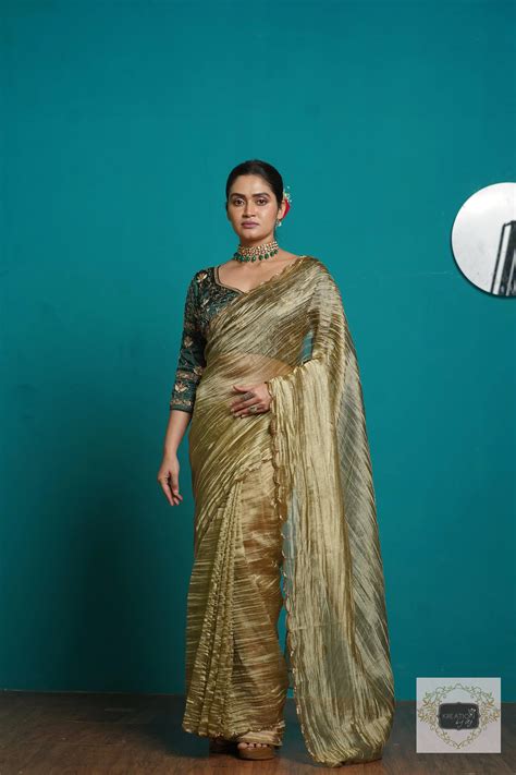 Ash Green Tissue Cocktail Saree – kreationbykj