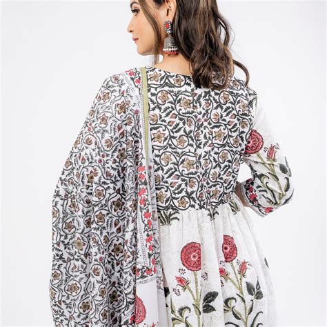 Gulmohar - Hand Block Print Pink Cotton Anarkali Suit Set with Dupatta ...