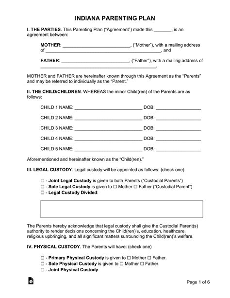 Free Indiana Custody (Parenting) Plan - PDF | Word - eForms ...