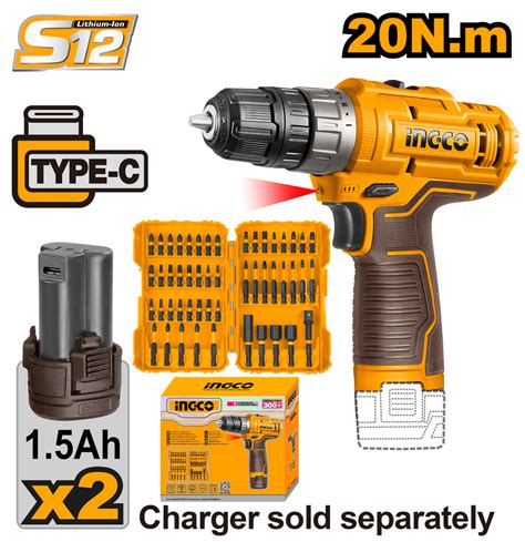 Ingco COSLI24011 12V Cordless Drill with 2-Speed Gear, 50-Piece Screwd ...