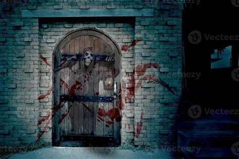 Antique wooden door on brick wall with Grim Reaper,Halloween day ...