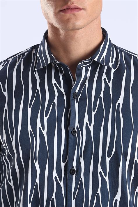 Navy Printed Slim Fit Cotton Full Sleeve Shirt