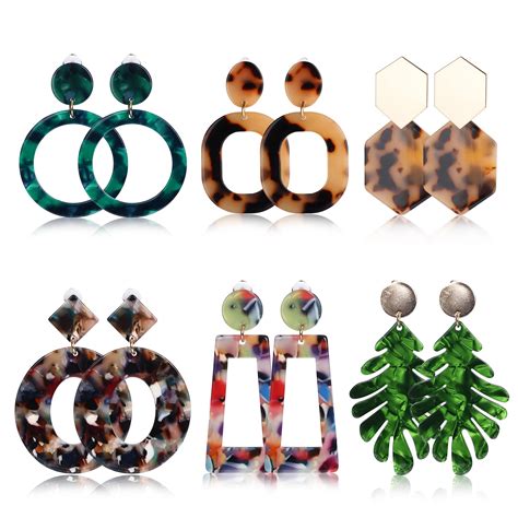 Buy Finrezio 6 Pairs Clip on Drop Earrings for Women Statement Resin ...