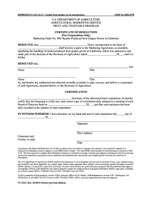 Fillable Online ams usda FV-225A Certificate of Resolution (01-14 ...