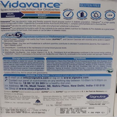 Buy VIDAVANCE NUTRITION FOR DIABETES VANILLA FLAVOUR POWDER - 400G ...