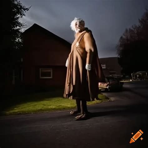 Humorous illustration of a giant Quaker Oats man towering over houses ...