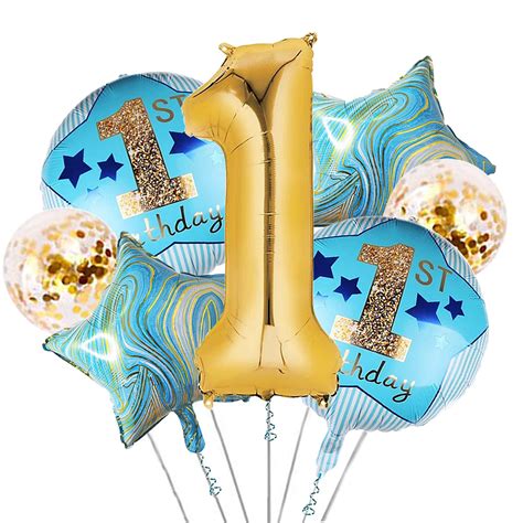AMFIN® 1st Birthday Decoration For Boys / 1st Blue Theme Foil / Marble ...