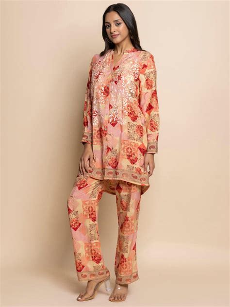 Multipink Hand Embroidered Chikankari cord set - House Of Kari ...