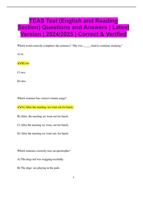 TEAS Test (English and Reading Section) Questions and Answers | Latest ...