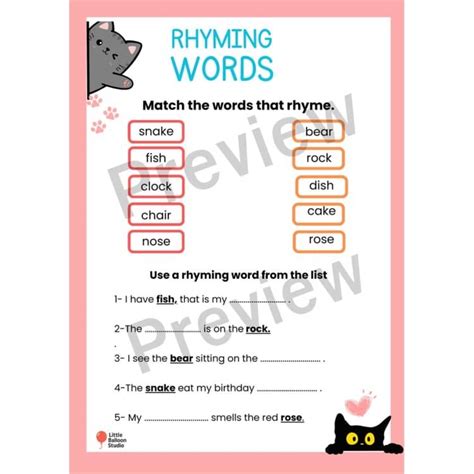 Rhyme Words With Meow! | 1st Grade Rhyming Worksheets by Little Balloon ...