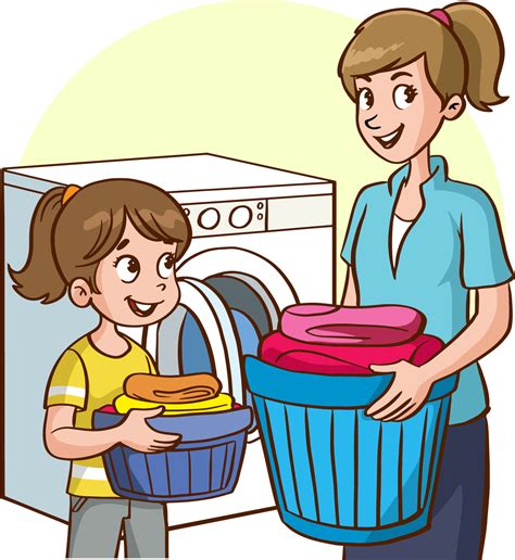 mother and daughter washing clothes in the washing machine cartoon ...