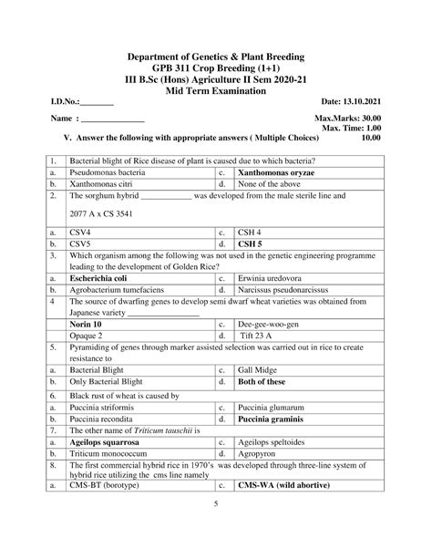 GPB 311 Crop Breeding (2+1) Question Paper (2020-2021)