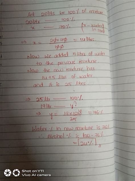 A 20 litre mixture contains 30% alcohol and 70% water. if 5 litres of ...