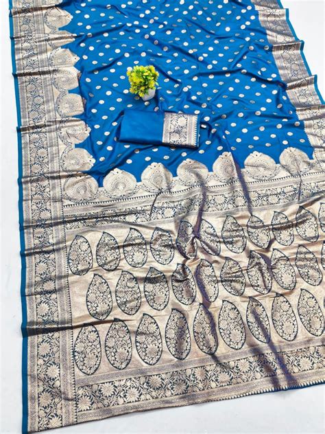 Gleaming Blue Pure Zari Weaving Banarasi Silk Saree With Fugacious Blo ...