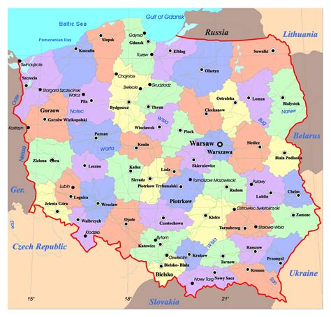 Political and administrative map of Poland with roads and major cities | Poland | Europe ...