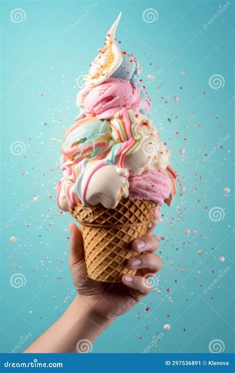 Hand Holding Big Ice-cream in Waffles Cone on Blue Background Stock ...