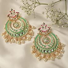 Zaveri Pearls Green & Pink Meenakari Lotus Design Kundan Dangle Earring ...