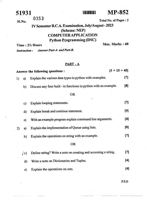 51931 0353 IV Sem B.C.A. Python Programming Exam QP 2023 - Studocu