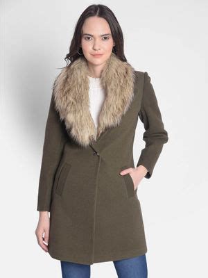 Buy CRIMSOUNE CLUB Women's Olive Overcoat with Faux Fur Detail Online