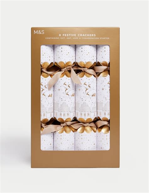 8 Luxury Christmas Crackers - White & Gold Design | M&S