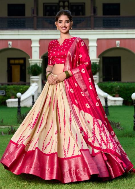 Red Shibori Print Dola Silk Lehenga Choli with Zari Border ...