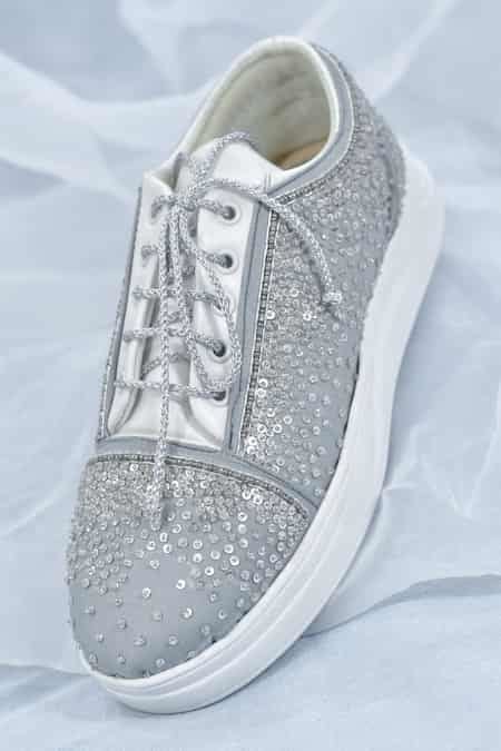 Buy Gray Sequin And Bead Embroidered Grey Sneakers by AROUND ALWAYS ...