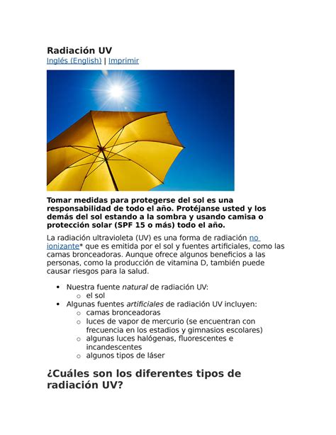 Rayos ultravioleta que son - Radiación UV Inglés (English) | Imprimir ...