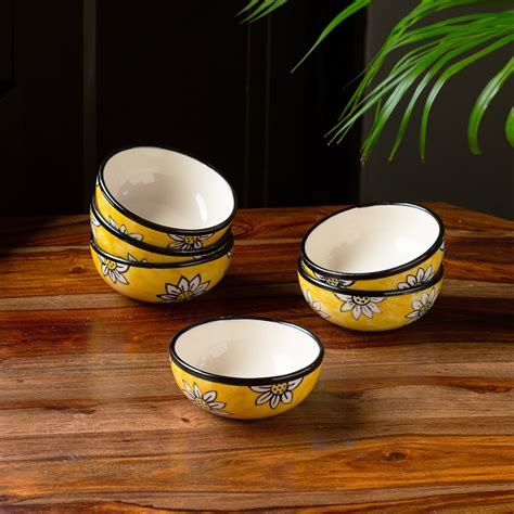 'Californian Sunflowers' Hand-Painted Ceramic Dinner Bowls/Katoris (Se ...