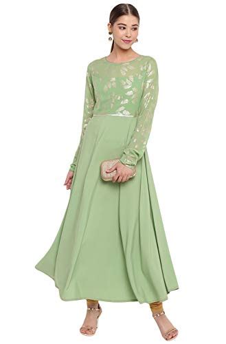 Buy Janasya Women's Light Green Poly Crepe Botanical Print Gown Kurta ...
