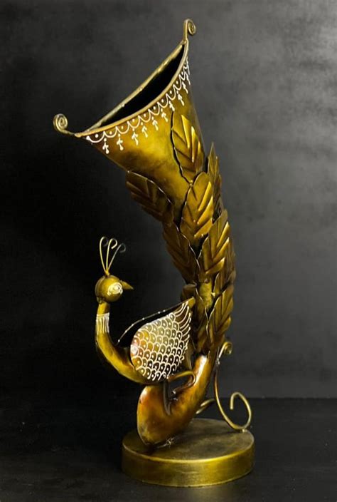 ANTIQUE TABLE TOP SET OF 2 METAL GOLDEN PEACOCK FLOWER POT STAND ...