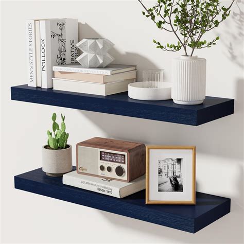 Dark Blue Floating Shelves 24 Inch, Solid Wooden Wall Shelves Set of 2 ...