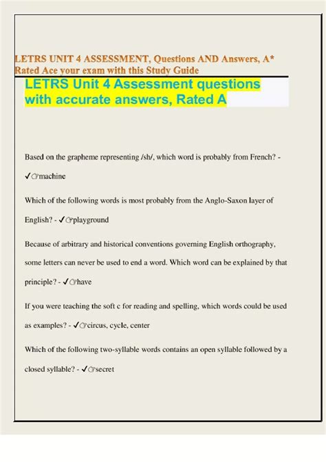LETRS UNIT 4 ASSESSMENT 1, QUESTIONS WITH CORRECT ANSWERS FOR YOUR EXAM ...