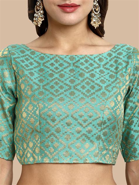 Turquoise Green Boat Neck Brocade Blouse – House of Vardha