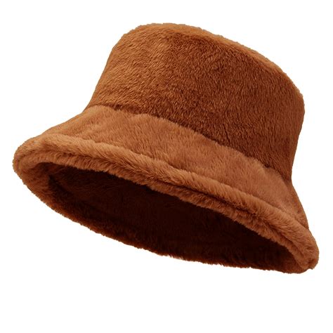 Women Plush Fluffy Bucket Hat Warm Lining Winter Faux Fur Cozy Wide ...