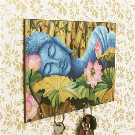 Lord Buddha Theme Wooden Key Holder with 6 Hooks - eCraftIndia Online