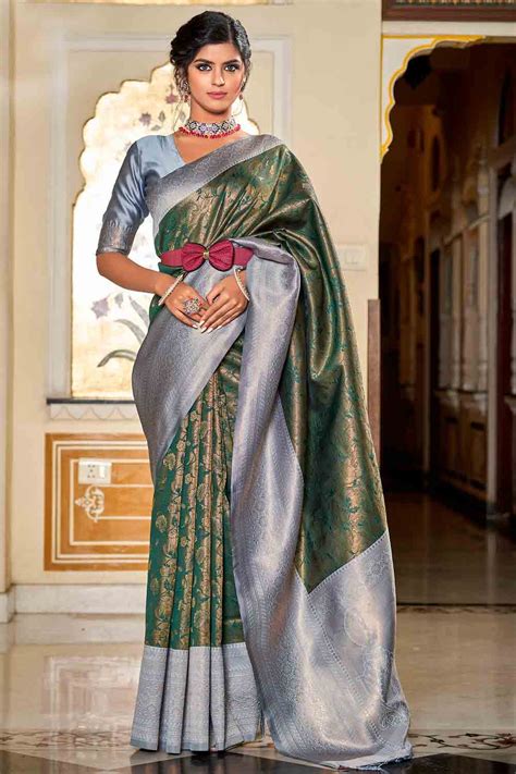 Green And Grey Banarasi Silk Saree - Shaaola.com