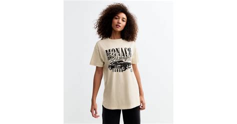 Off White Cotton Monaco Print Oversized T-Shirt | New Look