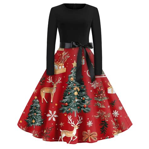 Women's Christmas Dress Long Sleeve Vintage A-Line Holiday Party Dress ...