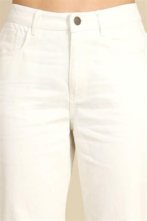 Buy White Solid Straight Fit Cotton Pants With Button Closure Online ...