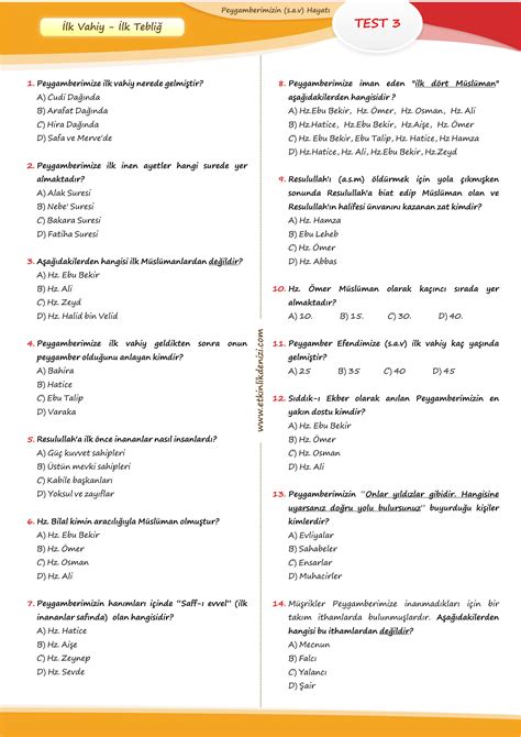 Peygamberimizin (a.s.m) Hayatı – Test Soruları - Aile ve Eğitim ...