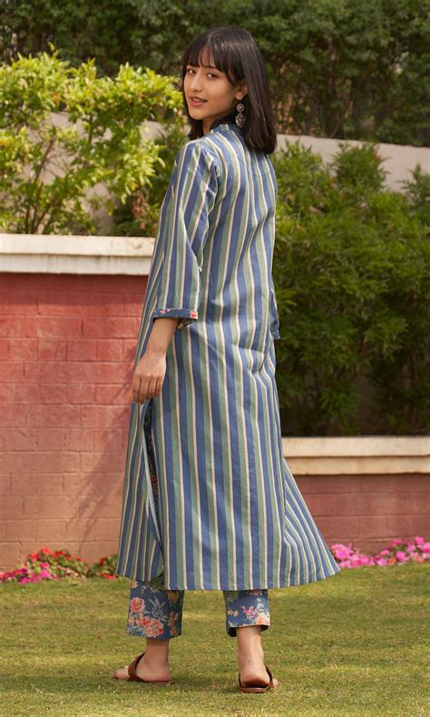 Iris Linen Blue Stripe Long Kurta With Pants ( Set Of 2) – Ridhiiee Suuri