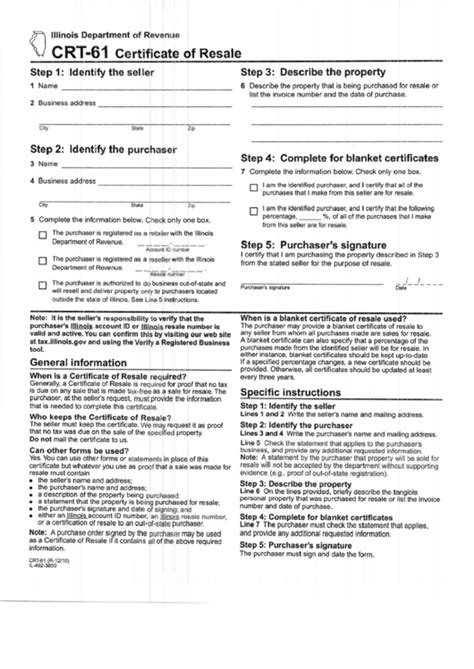 Form Crt-61 - Certificate Of Resale - Illinois printable pdf download