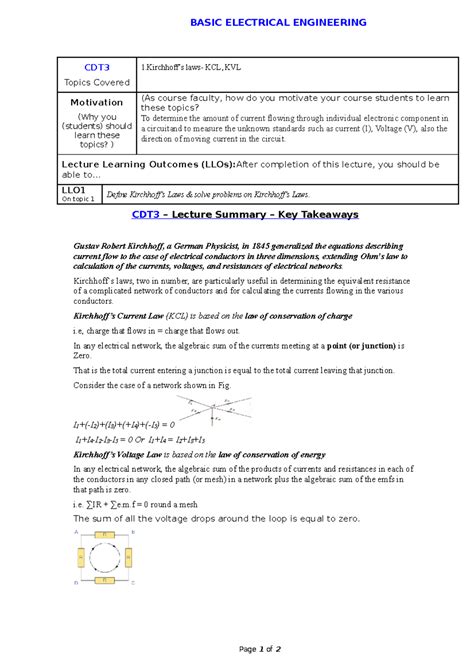 BEE CDT3 Summary - BASIC ELECTRICAL ENGINEERING CDT Topics Covered 1’s ...