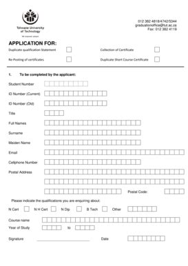 Fillable Online APPLICATION FOR: - Tshwane University of Technology Fax ...