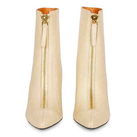 Saint Rose Off White Leather Front Zipper Pointed Toe Heel Boots ...