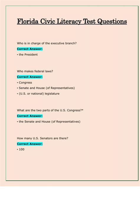 Florida Civic Literacy Test Questions Latest 2024 / 2025 - Florida ...
