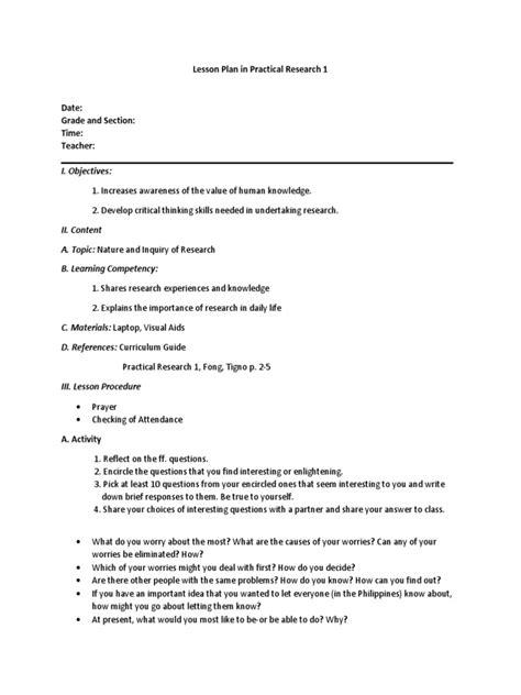Sample Lesson Plan with Practical Work Approach 的图像结果