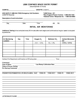 Fillable Online usm maine USM CONFINED SPACE ENTRY PERMIT - usm maine ...