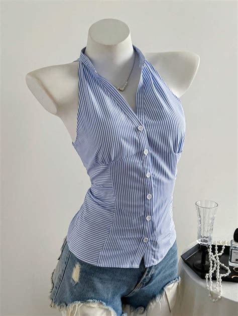 Elamini Women's Casual Slim Fit Blue And White Striped Collarless ...